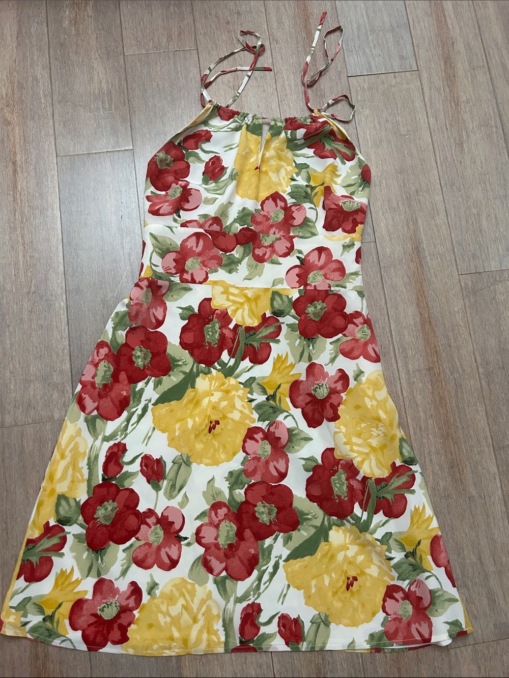 Silk Floral Spaghetti- Strap Sundress in Red & Yellow pool vacation party 2P